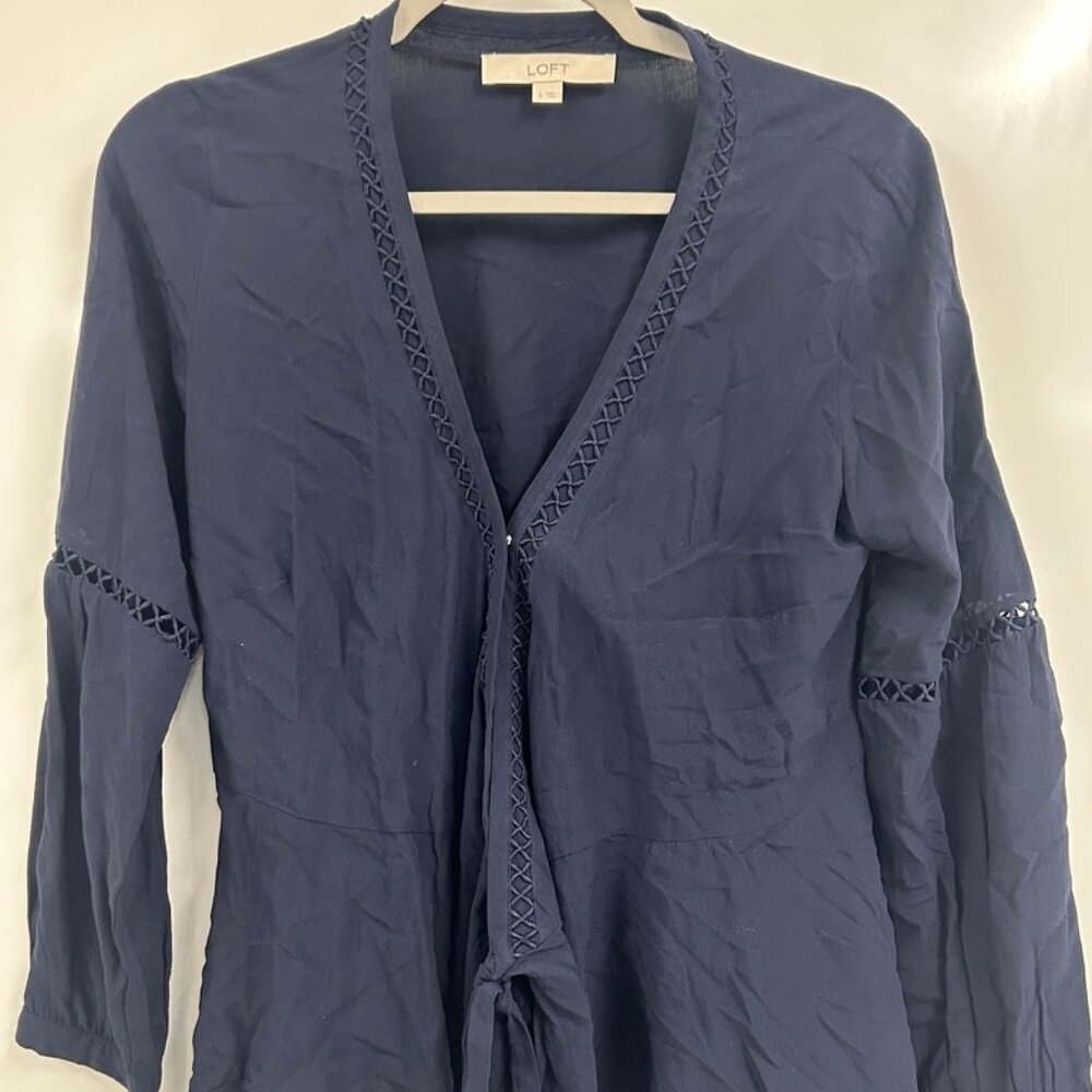 LOFT Navy Tie Front Blouse Boho Chic Lightweight Flow Top Small Grandmacore
